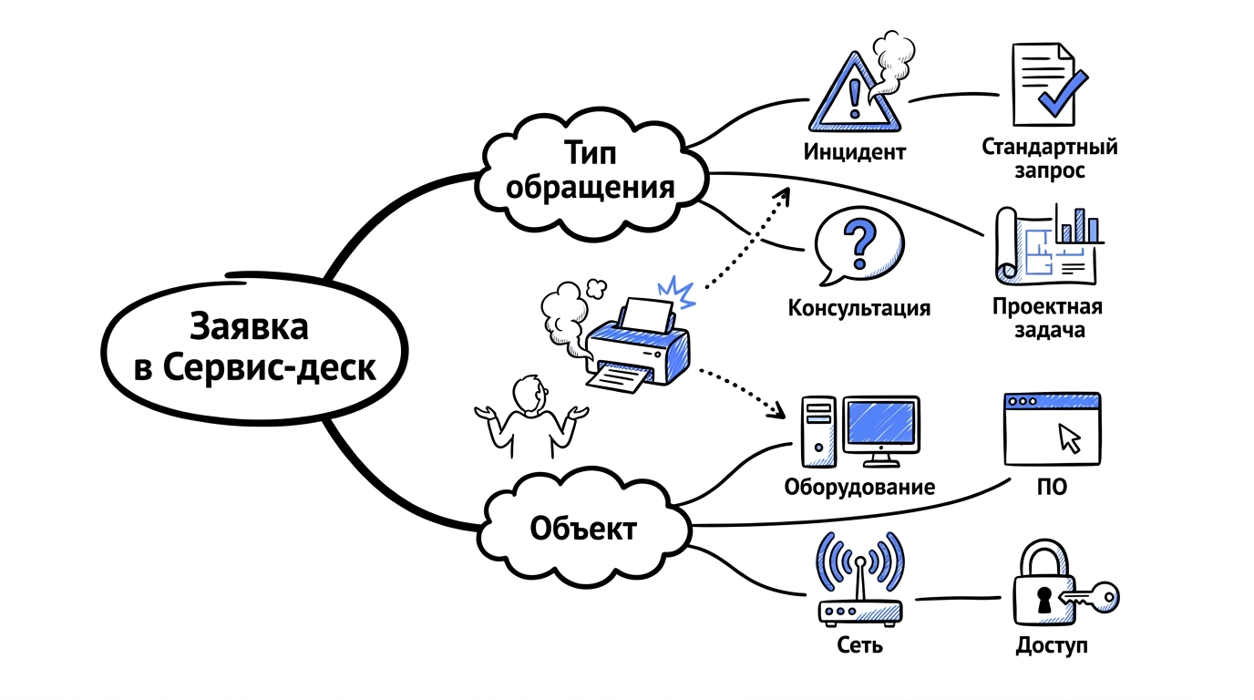 Как одна заявка — сломанный принтер — раскладывается сразу по двум осям классификации: по типу обращения и по объект